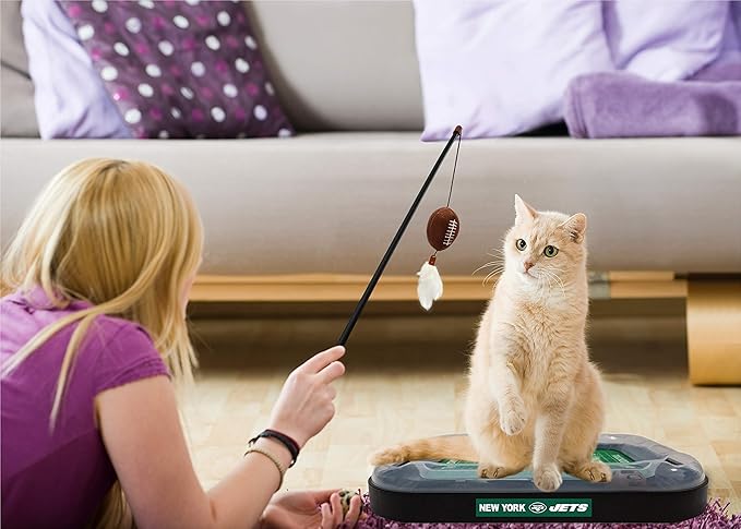 Cat Scratching Pets First NFL New York Jets Football Field CAT Scratcher Toy with Catnip Filled Plush Football Toy & Feather Cat Toy Hanging & Jingle Bell Interactive Ball Cat Chasing 5-in-1 Kitty Toy