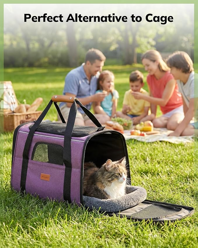Morpilot Cat Carrier - Cat Carrier Soft for Medium or Large Cats up to 20lbs, with Dual-Sided Cushion, Secure Buckle and Foldable Bowl, Dog Carriers for Small Dogs(Purple)-17.3" L x 12.2" W x 13.4" H