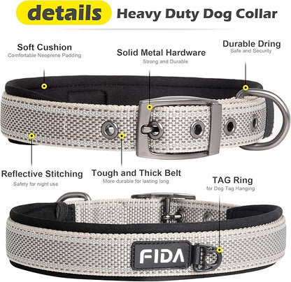 Fida Heavy Duty Dog Collar, Ultra Comfortable Soft Neoprene Padded, Adjustable Reflective Nylon Pet Collar with Durable Metal Belt Buckle for Small Breeds (S, Grey)