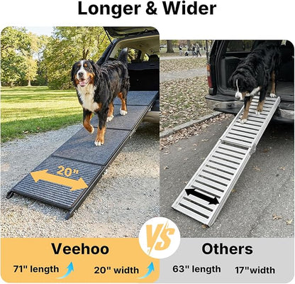 Veehoo Dog Ramp for Car Truck SUV 71" Long 20" Extra Wide, Foldable Dog Ramp with Non Slip Rug Surface for Large Dogs, Portable Folding Outdoor Pet Stairs for Dogs to Get in Car, Support up to 220lbs