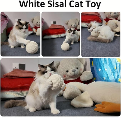 4-Inch Sisal Cat Toy Balls with Crinkle Sound | Indoor Cat Toys for Teething, Claw Sharpening & Play | Large Size Prevents Rolling Under Furniture (White)