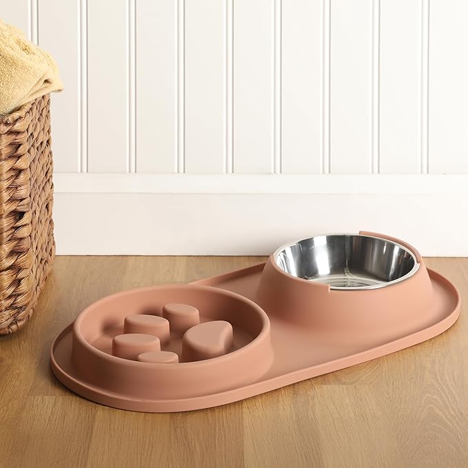 Gibson Home Curious Canines Slow Feeder Dog Bowl Set, 16” Bone Shaped Double Bowl, Silicone Base with Stainless Steel Insert, Anti-Gulp Feeding, Dishwasher Safe, Blush