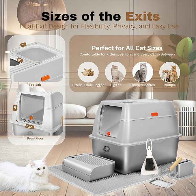Fully Enclosed XXL Stainlessss Steel Litter Box with Lid, 8" Deep Pan, Large Stainless Steel Cat Litter Box for Big Cat with Scoop, Step Board, Mat, Brush, Odor-Free, Anti-Leak, Non-Stick (Light Gray)
