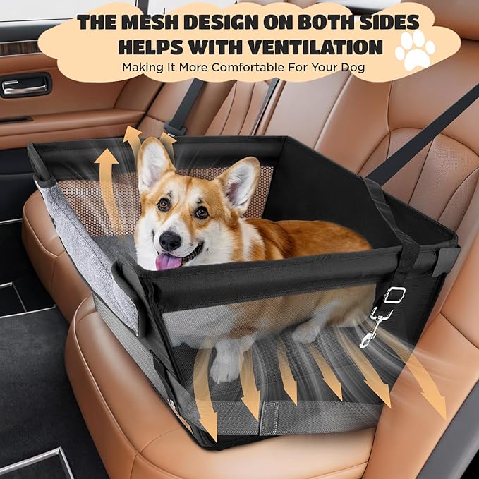 BONTHEE Elevated Dog Car Booster Seat for Dogs & Cats up to 35LB, 6-Inch Memory Foam Pet Booster Seat, Side Breathable Mesh,Portable Travel-Safe Bed for Cars,Elevated Car Seat for Small Medium Dogs