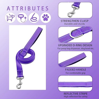 Reflective Dog Collar with Safety Locking Buckle, Adjustable Soft Breathable Nylon Collars for Small, Medium and Large Dogs(Collar+Leash S Width 3/4" Purple)