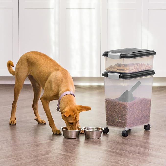 IRIS USA Dog Food Storage Container 30 lb + 11lb Airtight Combo, Stackable Pet Food Storage Bin with Wheels for Cat Dog Food, BPA Free, Made in USA, Black