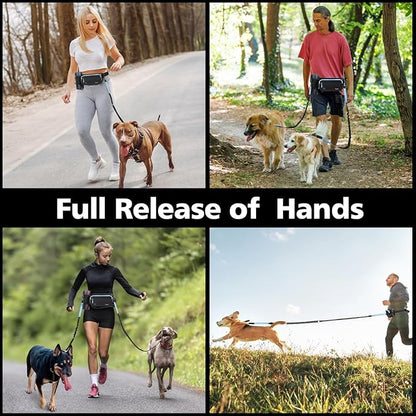 Hands Free Dog Leash 2 Dogs, Adjustable Waist Leash for Dog Walking with Dual Bungees Padded Handle, Shock Absorbing Hands Free for Small Medium-Sized Dogs Outdoor Activities, Black+Blue