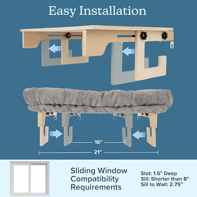 Cat Bed for Window Sill - Cat Window Perch with Bolster and Removable Washable Cover - Window Hammock with Sturdy Wood Frame for Large Cats - Pet Beds for Indoor Cats by PETMAKER (Gray)
