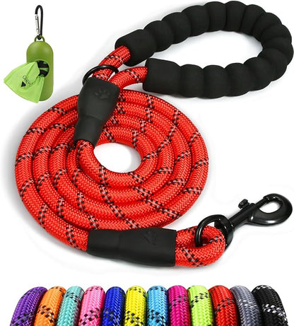 Taglory Rope Dog Leash 4 FT with Comfortable Padded Handle, Highly Reflective Threads Leash and Anti-Tangle Clip for Walking Small Dogs, 3/8 inch, Red