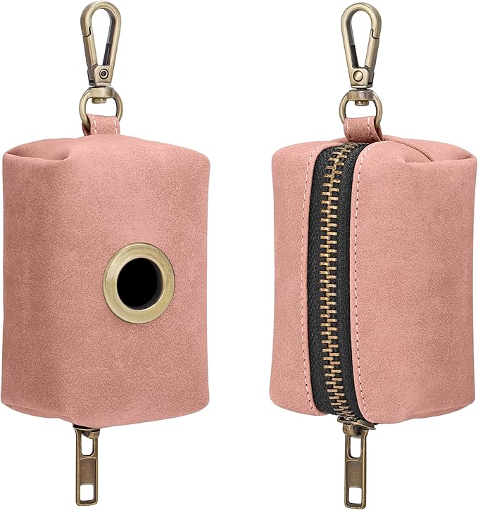 Didog Classic Dog Poop Bag Holder, Easy-Pull and Elegant PU Leather Pet Waste Bag Dispenser for Leash with Carabiner Clip, Includes 1 Roll Dog Waste Bag for Daily Walking,Pink