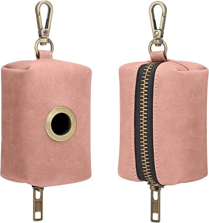 Didog Classic Dog Poop Bag Holder, Easy-Pull and Elegant PU Leather Pet Waste Bag Dispenser for Leash with Carabiner Clip, Includes 1 Roll Dog Waste Bag for Daily Walking,Pink