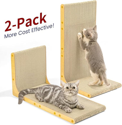 Cardboard Cat Scratcher, 23" L-Shaped Scratch Pad, Vertical Wall-Leaning Scratching Board to Protect Furniture for Indoor Cats,Wood Grain Large,2-Pack
