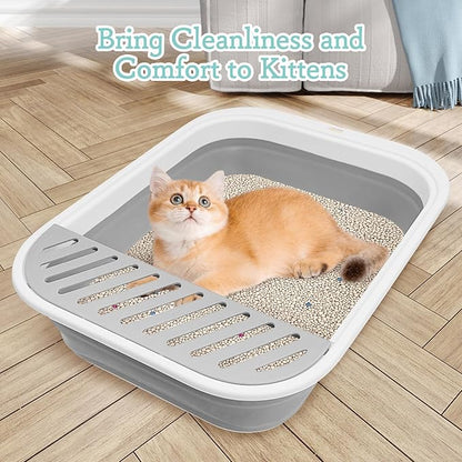 Fhiny Kitten Litter Box Portable Shallow Litter Box 17.7"x13.4"x4.9" Foldable Cat Toilet with Scoop Open Kitty Potty Pan with Litter Drop Pedal Easy to Clean Travel Kitten Toilet(Gray)