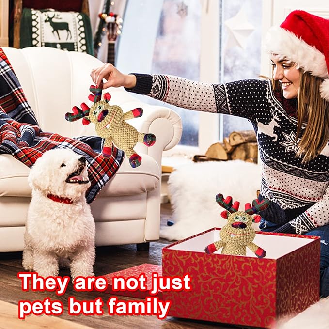 Christmas Squeaky Plush Dog Toys for Small Medium Large Dogs, Durable and Indestructible Dog Christmas Toys, Cute Reindeer Squeaky Dog Toys,Teeth Cleaning and Interactive Puppy Toys