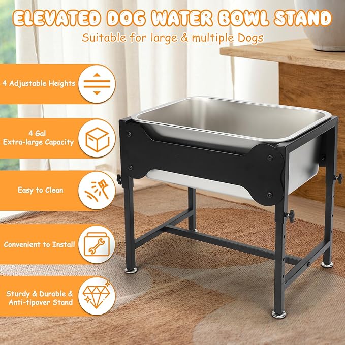 BWOGUE 4 Gal Elevated Large Dog Water Bowl, Raised Stainless Steel Bowl Stand Large Breed, 4 Height Adjustable (9", 11", 13", 15") Non-slip Dog Feeding Station for Joint Pressure Relief Indoor Outdoor