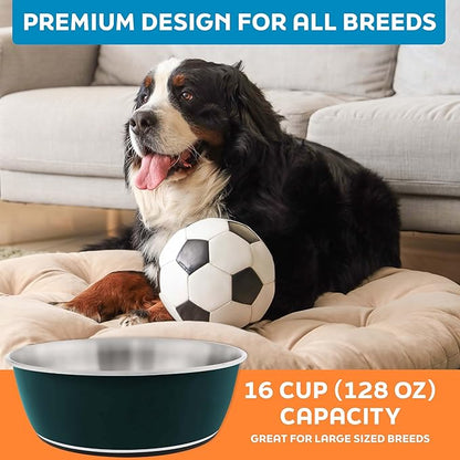 Master Pet Supply Stainless Steel Dog Bowls Set of 2 (128 Oz Each) with Non-Slip Rubber Base - Emerald Sea - Basic Dog Food Bowl Water & Food Bowls for Small Medium Large Dogs & Cats, Metal Dish