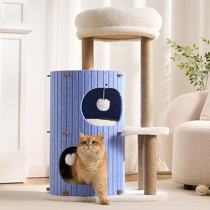 Modern Cat Tree for Indoor Cats Large Adult, 36in H Cat Tree Tower with Scratching Posts, Cozy Cat Bed Cave, Washable Cushions, Dangling Balls, Play&Nap Cat House Condo for All Breeds, Blue