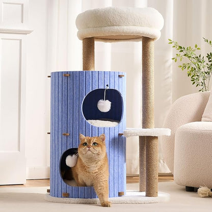 Modern Cat Tree for Indoor Cats Large Adult, 36in H Cat Tree Tower with Scratching Posts, Cozy Cat Bed Cave, Washable Cushions, Dangling Balls, Play&Nap Cat House Condo for All Breeds, Blue