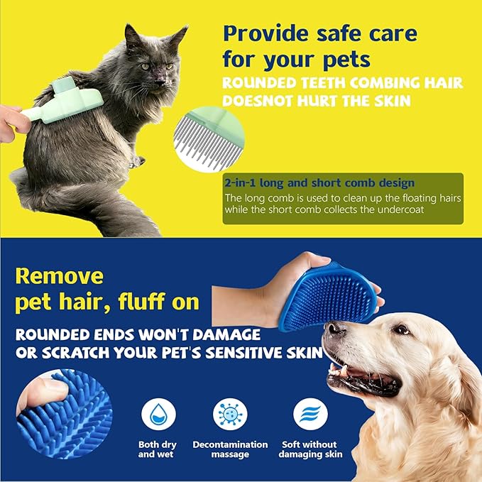 Electrostatic Pet Hair Removal Glove - Includes Self-Cleaning Deshedding Comb + Refillable Lint Roller + Soft Bath Brush, 4-in-1 Pet Grooming Kit for Cats/Dogs/Clothes/Couch/Car