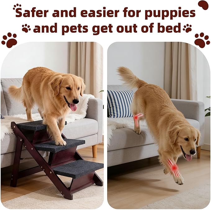 MEWANG Wooden Pet Stairs/Pet Steps - 3-in-1 Foldable Stairs & Ramp for Beds and Cars - Portable Dog/Cat Ladder Up to 220 Pounds - Great for Small and Older Animals(Brown) (24.8" L x 17.2" W x 19.5" H)