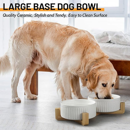 Non-Slip Ceramic Dog Bowls with Wooden Stand,8" Dog Food and Water Bowl Set with Silicone Base, 64 OZ/8 Cups Weighted Flip-Proof Pet Feeding Bowl for Small Dogs and Cats (Large,White)