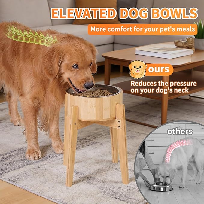 Elevated Dog Bowls for Large Dogs Feeder Two Bowls with a Stainless Steel and Bamboo Dishes，Raised Dog Bowl Stand with Non-Slip Feet，Ideal for Medium and Large Breeds， (13.5-inch High)