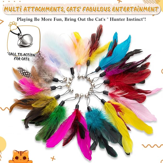Leitee 50 Pcs Cat Feather Toys Bulk Refills Cat Wand Replacement Feathers Toy Interactive for Indoor Cats Kitten Worm Toy for Cats (Vibrant Color,Classic Style)