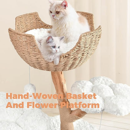 Easyego Modern Cat Tree, 40.5" Aesthetic Wood Cat Tree Tower for Large Cats, Luxury Cat Condo with Scratching Posts and Flower Platforms, Cat Furniture, White