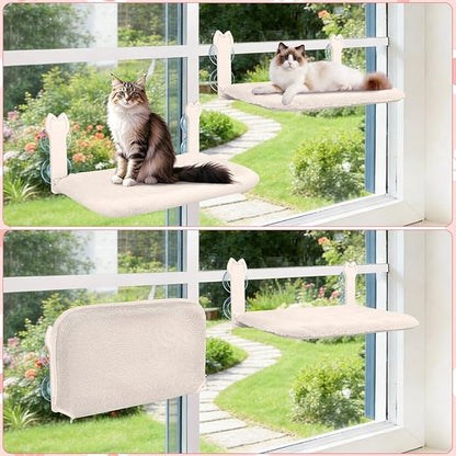 2 Pack Cat Window Perch,Cat Window Hammock Cordless Foldable Window Bed with 4 Large Strong Suction Cup,Reversible Cushion Cover,Metal Frame Easy to Adjust Window Seat Holds up to 40lbs(Beige
