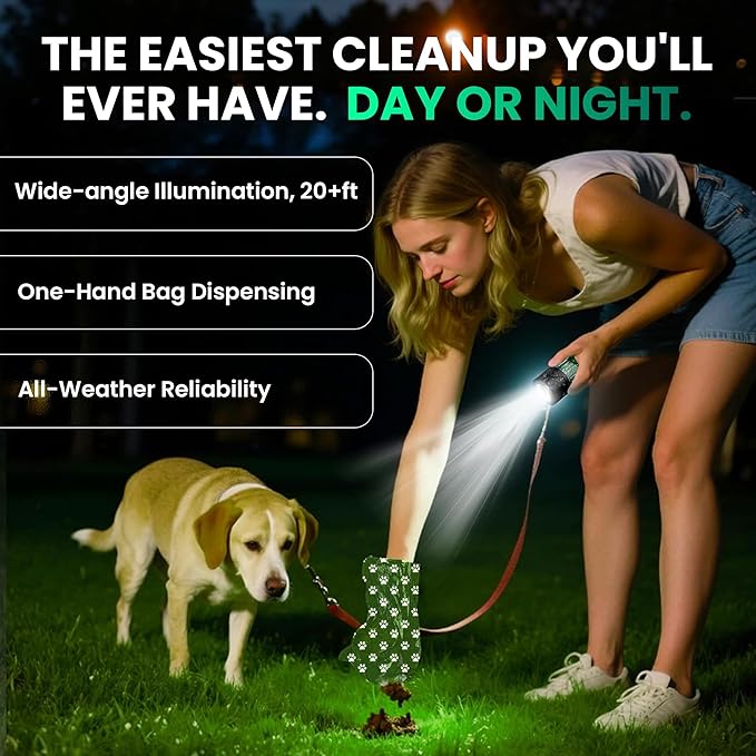 Dog Poop Bag Dispenser with LED Flashlight & 45 Bags (3 Rolls) – USB-C Rechargeable, Waterproof, Anti-Slip Clip, Hands-Free Dog Waste Bag Holder for Night Walks & Outdoor Adventures