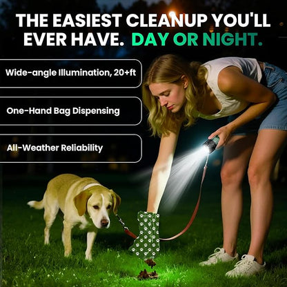 Dog Poop Bag Dispenser with LED Flashlight & 45 Bags (3 Rolls) – USB-C Rechargeable, Waterproof, Anti-Slip Clip, Hands-Free Dog Waste Bag Holder for Night Walks & Outdoor Adventures