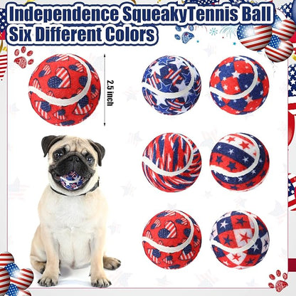 6 Pcs Patriotic Dog Squeaky Tennis Balls 2.5 Inch Interactive Pet Toys Ball 4th of July Independence Veterans Day for Small Medium Large Dog Plush Chew Toys Teeth Cleaning for Cat Training