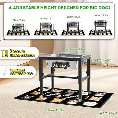 2 Gallon Elevated Dog Water Bowl for Large Breeds, 4-Height Adjustable Raised Dog Bowl(9.4-14.2'') with Stainless Steel Bowls, Spill-Proof Mat & Sturdy Metal Base for Indoor/Outdoor Use