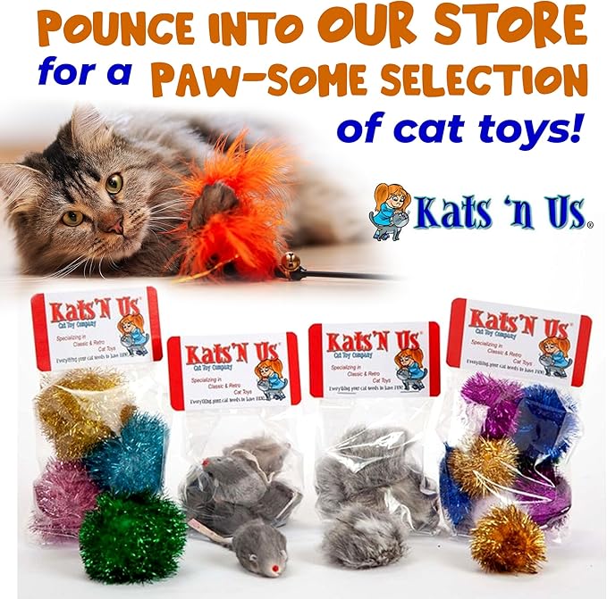 Kats'N Us 2 Inch Real Rabbit Fur Feather Tail Mouse Cat Toy - 2 Pack Rattle Mice Durable Soft Body, Natural Hunting Instinct Play, Interactive Exercise & Enrichment Set for Indoor Cats