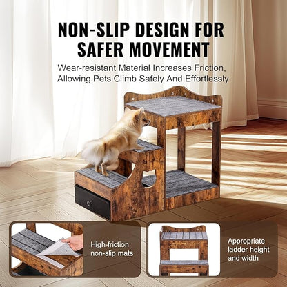 VEVOR Pet Bunk Bed with Removable Stairs, Dog/Cat Window Perch with Storage, Multi-Level Bed Window Perch Dog Bedside Sleeper Couch, Small Pet Seat Platform, Indoor Use (Rustic Brown)
