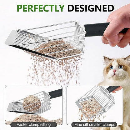 [2026 Version]Efficient Metal Cat Litter Scoop- Stainless Steel Cat Litter Scooper with Holder, Heavy Duty Litter Sifter, Pooper Scooper Kitty Litter Box Scooper-Cat Scooper for Litter Box Cleaning