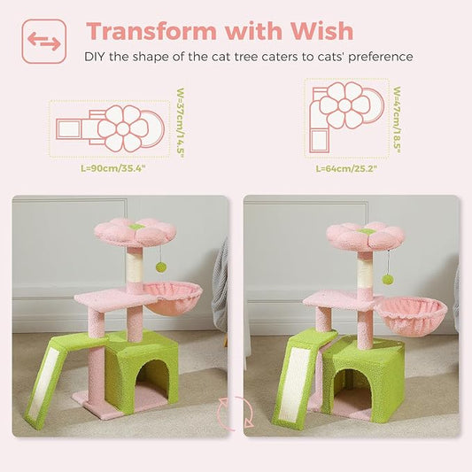 PETEPELA Flower Cat Tree for Indoor Cats, 32'' Small Cat Tower Cat Condo with Sisal Scratching Ramp, Cozy Hammock and Removable Flower Bed Perch for Kittens, Pink