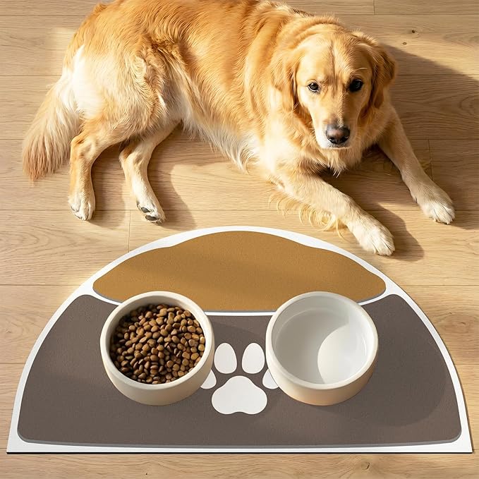 Dog Food Mat Half Round - 28''x17'' Absorbent Mat for Dog Water Bowl, Extra Large Pet Food Mat for Multiple Pets Families, Pet Water Mat Protect Floor, Fit with Automatic Feeders & Double-Bowl