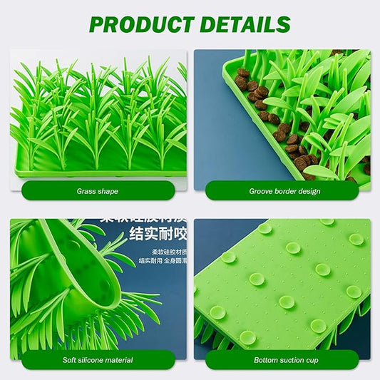 Lick Mat for Dog Silicone Interactive Green Grass Slow Feeder Mat with Non-Slip Suction Cups Soft Slows Down Mealtime Interesting Washable Lick for Cat, Puppy