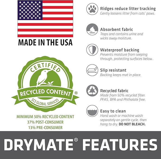 Drymate Cat Litter Box Mat, Litter Trapping Mat, Waterproof, Urine-Proof, Absorbent, Machine Washable, Soft on Paws, Contains Mess, Protects Floors, Kitten Supplies, Grey, 36x47 Jumbo XXL