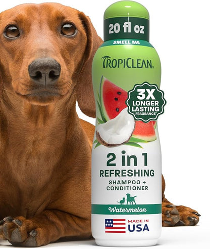 TropiClean Watermelon Refreshing 2-in-1 Cat & Dog Shampoo and Conditioner | Cat & Dog Bath Supplies | 20 oz | Made in The USA