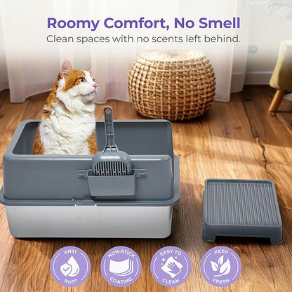 iPrimio Premium XL Stainless Cat Litter Box with Enclosure, 1 Scooper and Elevated Litter Mat - Durable, Easy to Clean and High Sides Cat Box with Step Scoop - Scratch and Bite Proof - Dark Grey