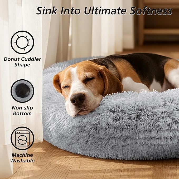 JOLLYVOGUE Calming Dog Bed Medium Size Dog, 31in Donut Washable Medium Pet Bed, Anti-Slip & Anti-Anxiety Fluffy Faux Fur Round Dogs Bed, Fits up to 45 lbs Pets (Smoke Grey)