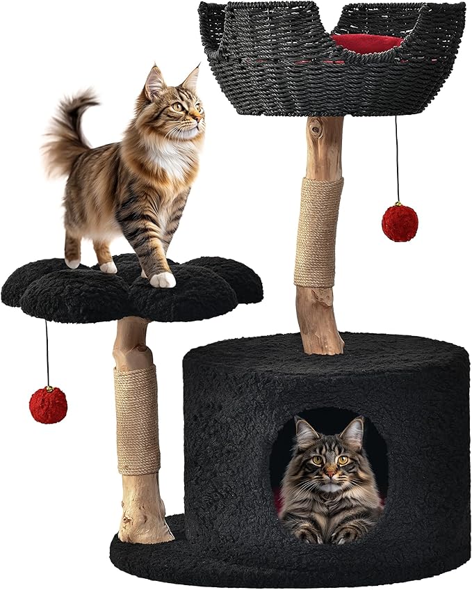 Easyego Modern Cat Tree, 35.5" Aesthetic Wood Cat Tree Tower for Large Cats, Luxury Cat Condo with Scratching Posts and Flower Platforms, Cat Furniture, Black