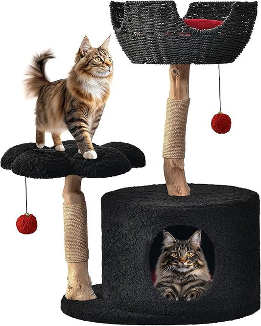Easyego Modern Cat Tree, 35.5" Aesthetic Wood Cat Tree Tower for Large Cats, Luxury Cat Condo with Scratching Posts and Flower Platforms, Cat Furniture, Black