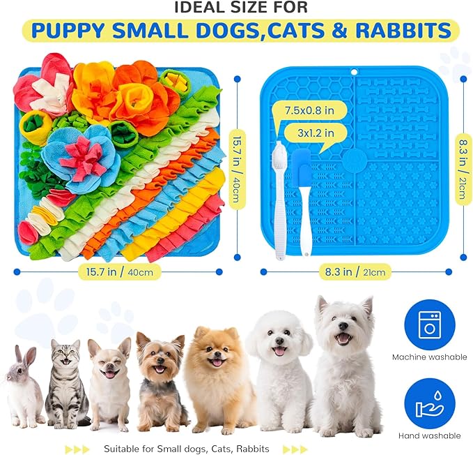 Dog Snuffle Mat and Lick Mat Set, Interactive Dog Enrichment Puzzle Toys for Puppy Small Breed Dogs Cats Rabbits, Cognitive Sniff Foraging Mats for Slow Feeding Treat Game Mental Stimulation
