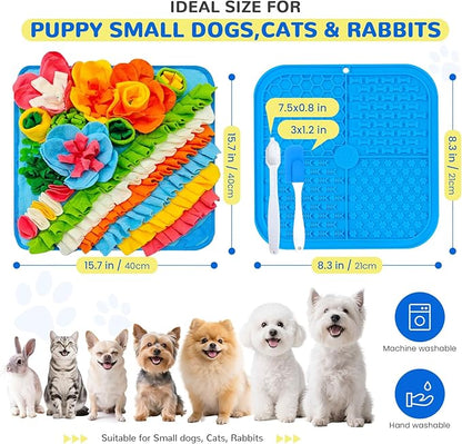 Dog Snuffle Mat and Lick Mat Set, Interactive Dog Enrichment Puzzle Toys for Puppy Small Breed Dogs Cats Rabbits, Cognitive Sniff Foraging Mats for Slow Feeding Treat Game Mental Stimulation