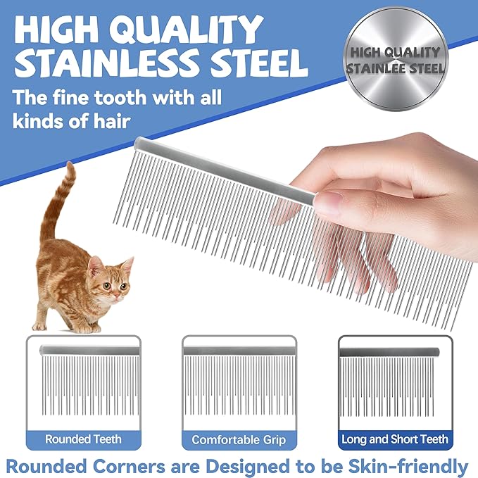 Professional 4.7 In Dual Tooth Pet Grooming Comb for Long-Haired Cats and Dogs, Metal Dematting Tool for Tangles, Knots, Undercoat and Excess Hair, Rounded Corners for Safe Deshedding and Detangling