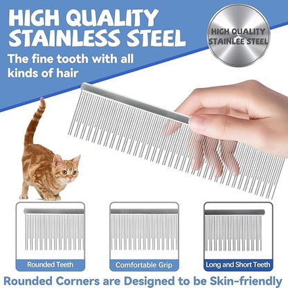Professional 7.5 In Dual Tooth Pet Grooming Comb for Long-Haired Cats and Dogs, Metal Dematting Tool for Tangles, Knots, Undercoat and Excess Hair, Rounded Corners for Safe Deshedding and Detangling