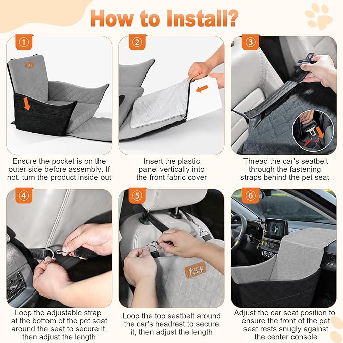 Elevated Dog Car Seat, Dog Booster Car Seats for Small & Medium Breeds Up to 35lbs, Fully Detachable and Washable, Memory Foam Pet Carseat with 2 Storage Pockets & 3 Safety Belts, Black & Gray